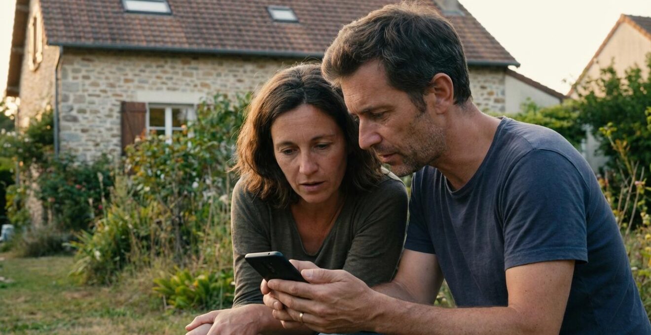Couple consultant une estimation immobilière sur smartphone devant leur maison