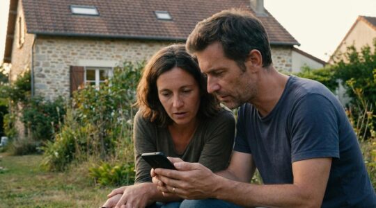 Couple consultant une estimation immobilière sur smartphone devant leur maison