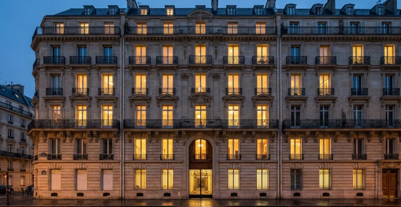 Façade d'immeuble résidentiel français avec fenêtres éclairées pour estimation immobilière