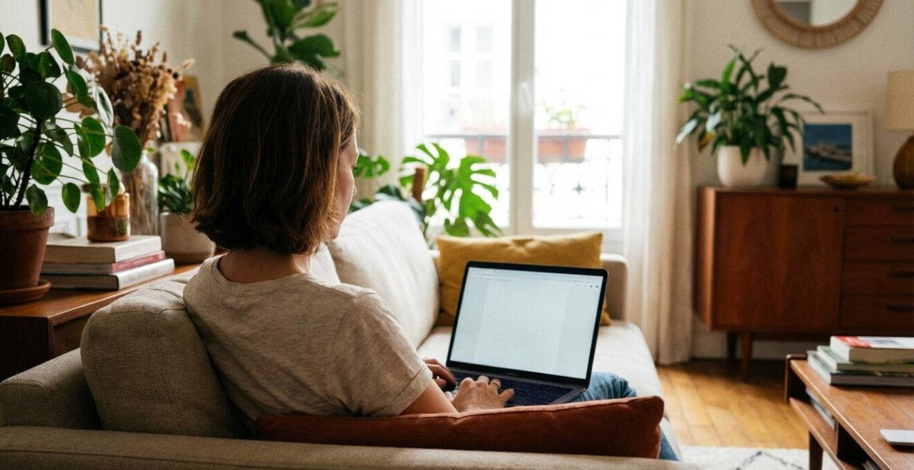Propriétaire réalisant une estimation immobilière en ligne depuis son salon