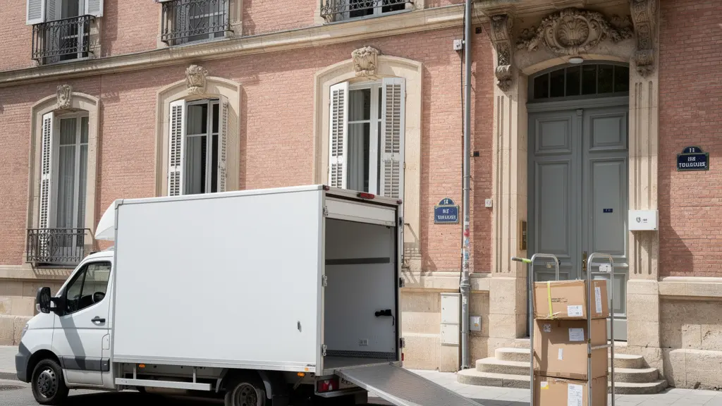 Camion de déménagement stationné devant un immeuble en briques roses à Toulouse