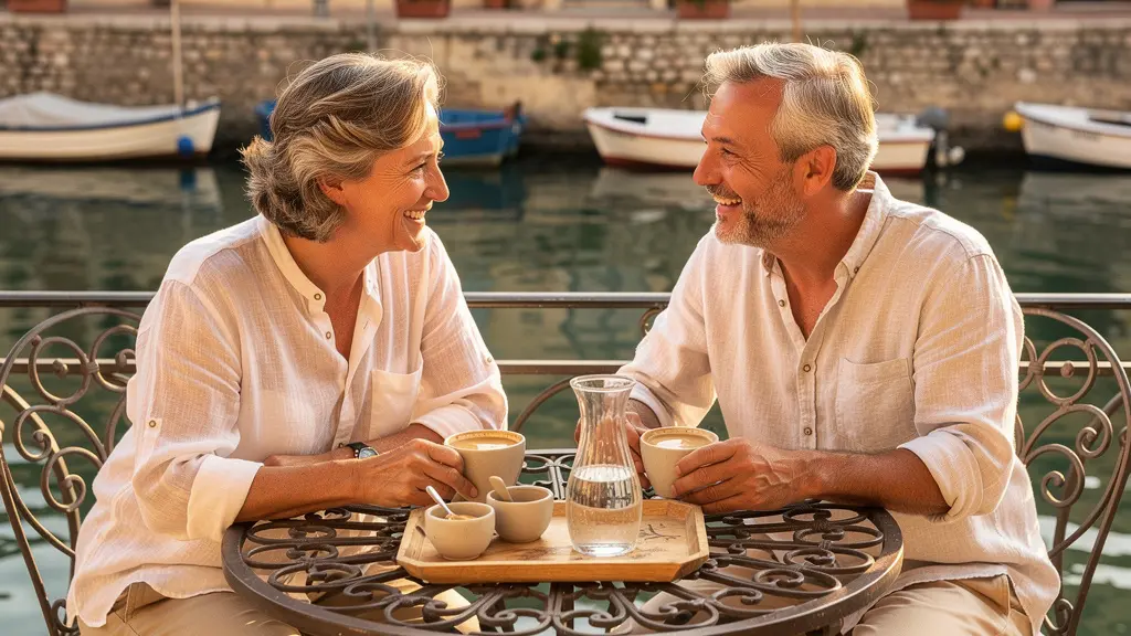 Couple européen sur terrasse provençale avec vue sur canal à Port Grimaud