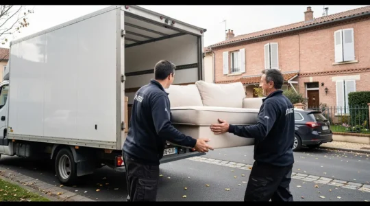 Équipe de déménageurs chargeant un canapé dans un camion capitonné à Toulouse