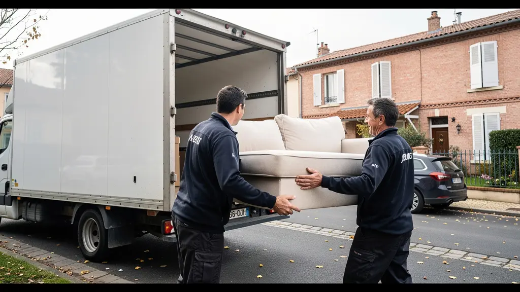Équipe de déménageurs chargeant un canapé dans un camion capitonné à Toulouse