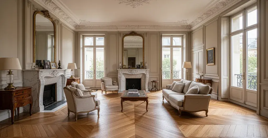 Salon spacieux d'une maison de maître avec parquet et cheminée en marbre