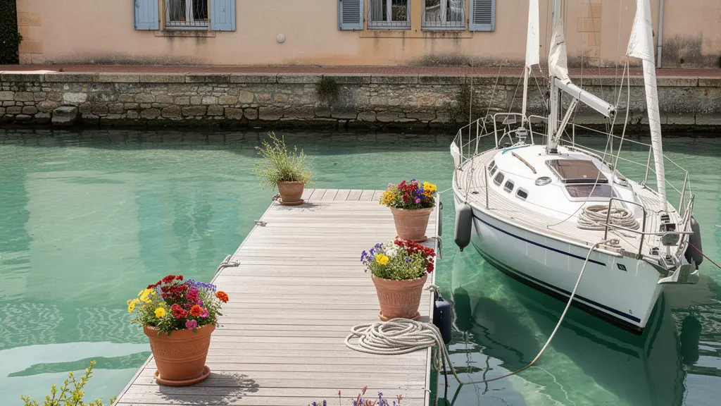Ponton privé avec voilier amarré devant maison provençale à Port Grimaud