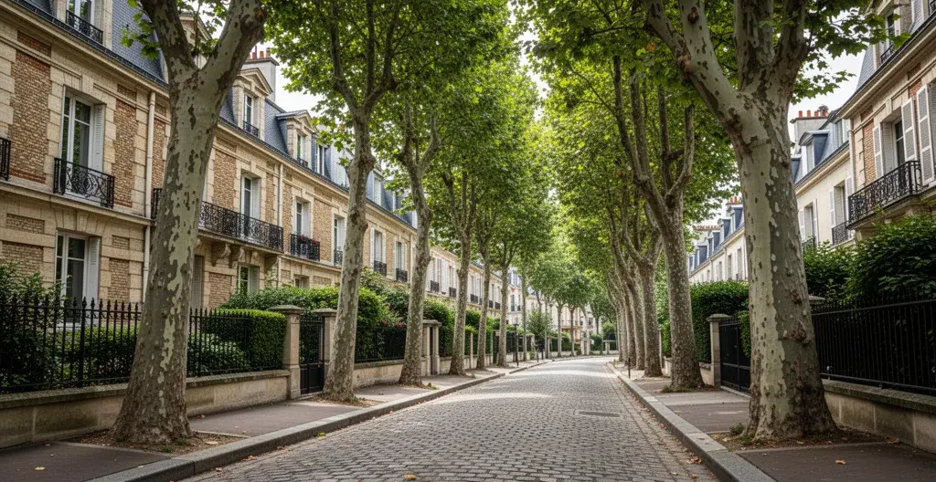 Rue résidentielle calme avec maisons bourgeoises et platanes centenaires