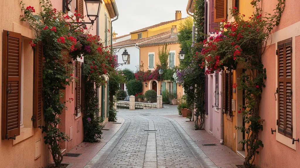 Ruelle piétonne pavée de Port Grimaud avec façades colorées et bougainvilliers