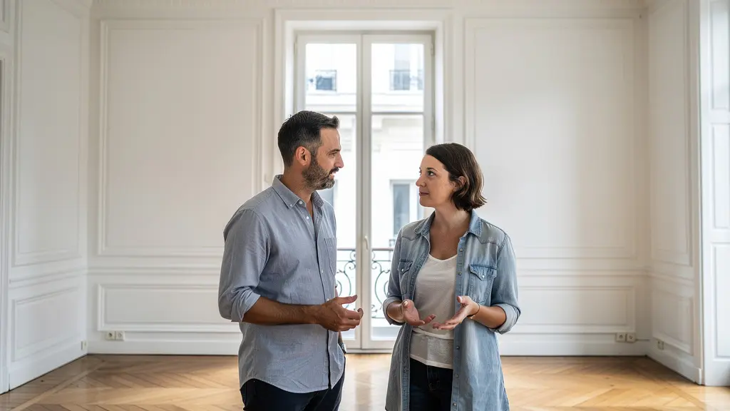 Agent immobilier visitant appartement parisien avec propriétaire pour estimation sur place