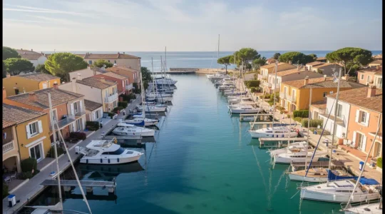 Vue aérienne des canaux de Port Grimaud avec maisons colorées et bateaux amarrés