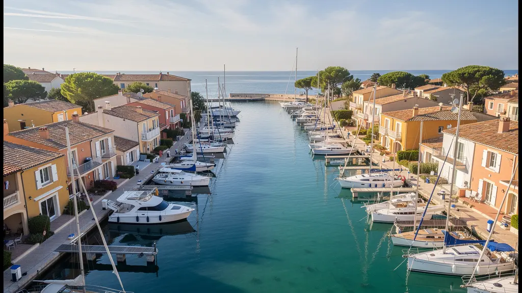 Vue aérienne des canaux de Port Grimaud avec maisons colorées et bateaux amarrés