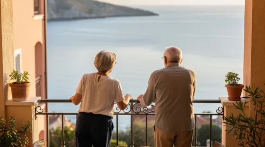 Couple admirant l'étang de Thau depuis une terrasse location vacances Balaruc-les-Bains