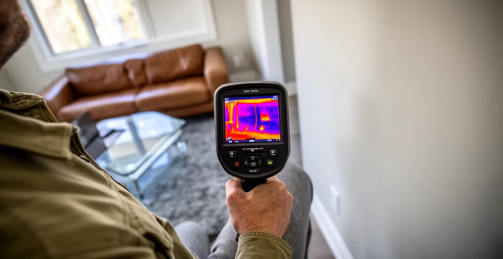 Inspecteur utilisant une caméra thermique sur un mur intérieur pour détecter les ponts thermiques