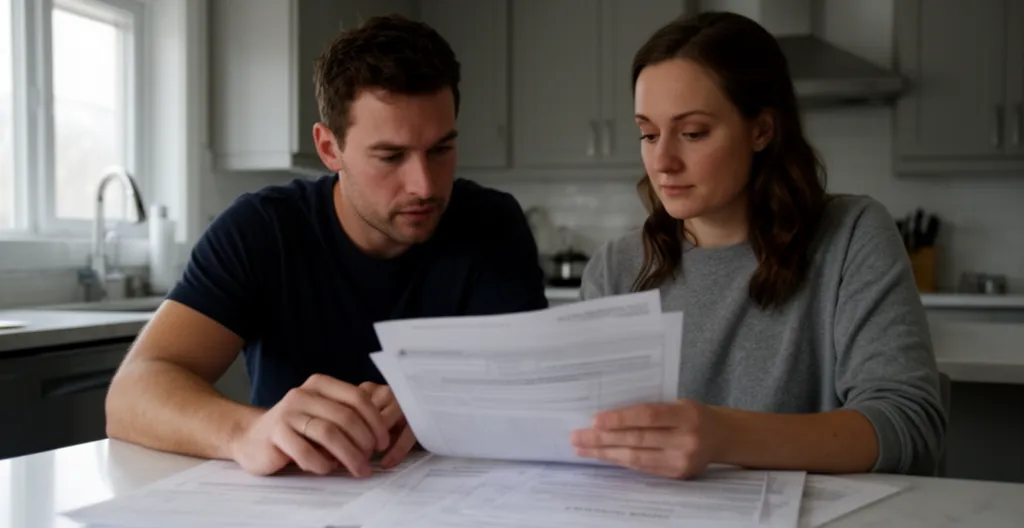 Couple trentenaire consultant des documents à leur table de cuisine avec expressions concentrées