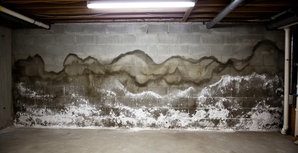 Mur de sous-sol présentant des traces d'infiltration d'eau et d'efflorescence